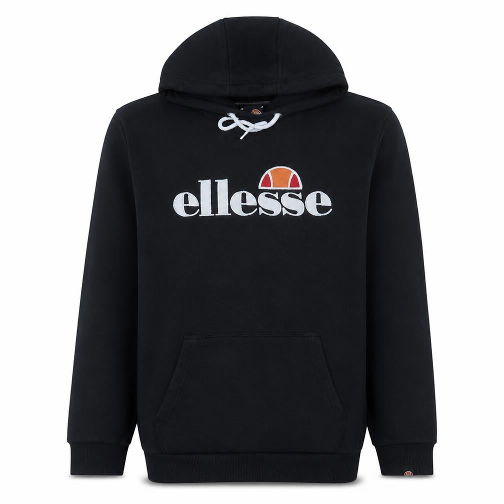 Front view of Ellesse men’s black pullover hoodie l logo fleece sweatshirt