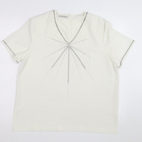 Jacques Vert Women's Ivory Beaded V-Neck Short Sleeve Blouse Size 16
