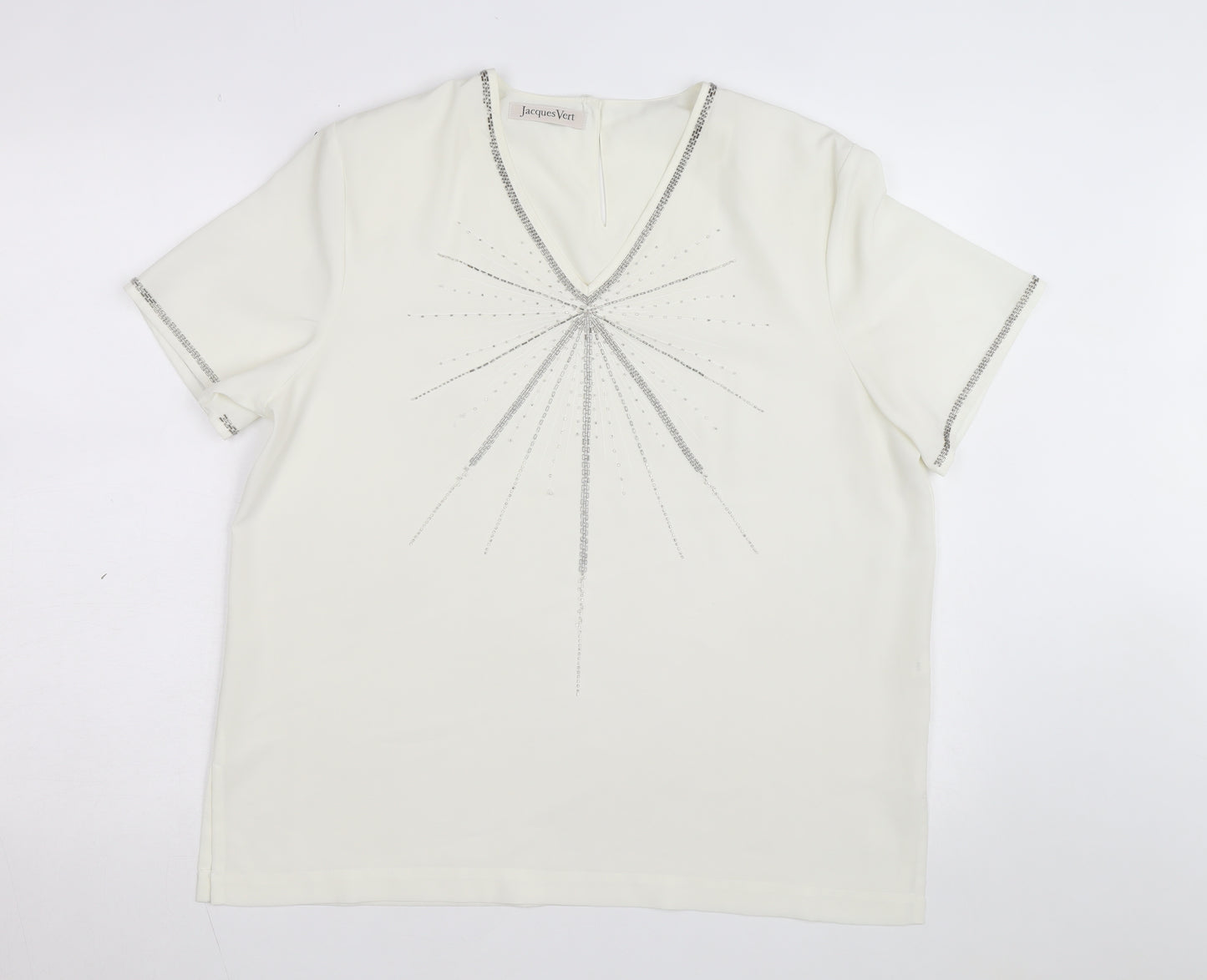 Jacques Vert Women's Ivory Beaded V-Neck Short Sleeve Blouse Size 16