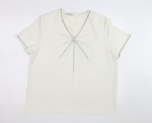 Jacques Vert Women's Ivory Beaded V-Neck Short Sleeve Blouse Size 16