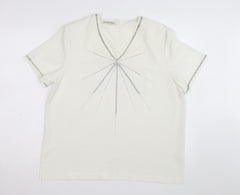 Jacques Vert Women's Ivory Beaded V-Neck Short Sleeve Blouse Size 16