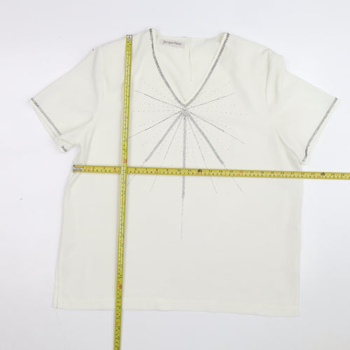 Jacques Vert Women's Ivory Beaded V-Neck Short Sleeve Blouse Size 16