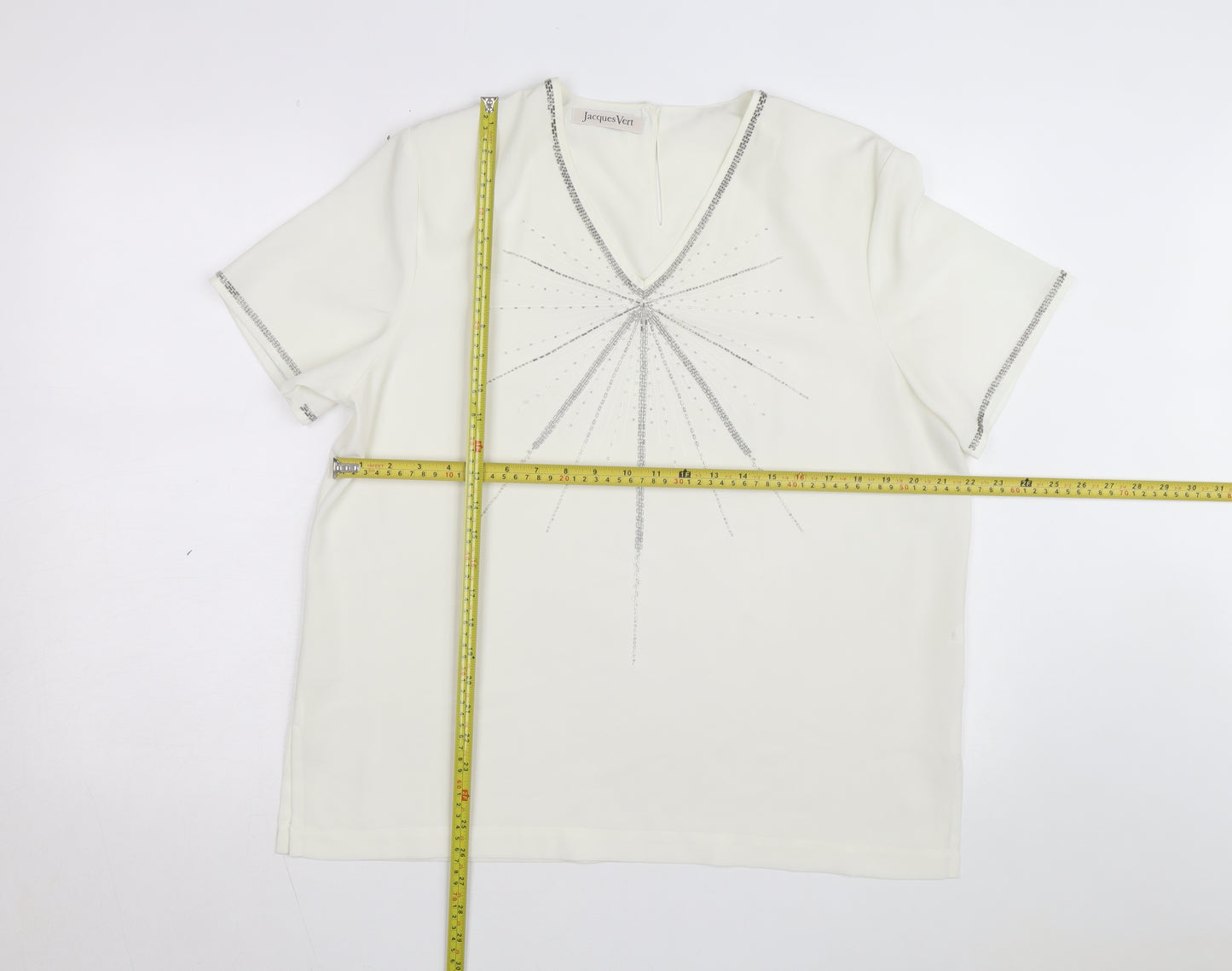 Jacques Vert Women's Ivory Beaded V-Neck Short Sleeve Blouse Size 16