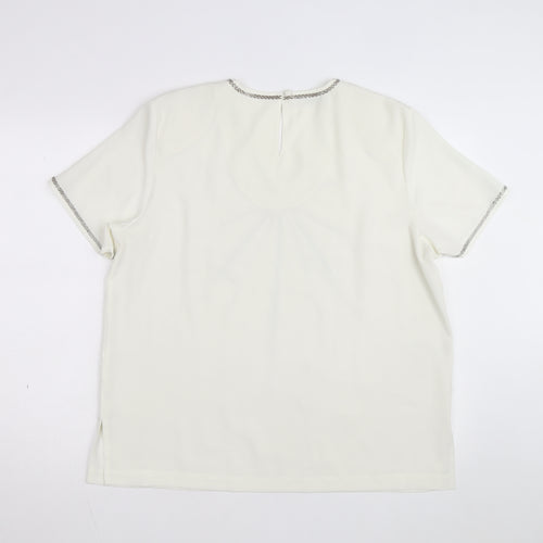 Jacques Vert Women's Ivory Beaded V-Neck Short Sleeve Blouse Size 16