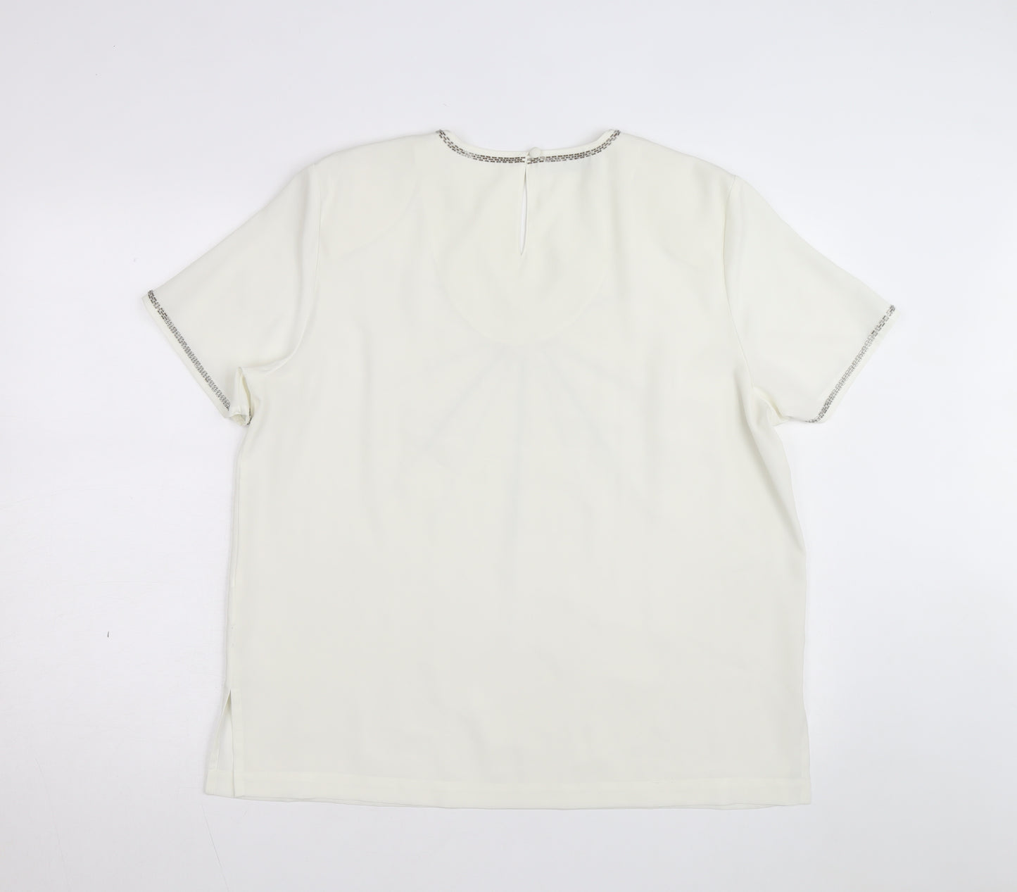 Jacques Vert Women's Ivory Beaded V-Neck Short Sleeve Blouse Size 16