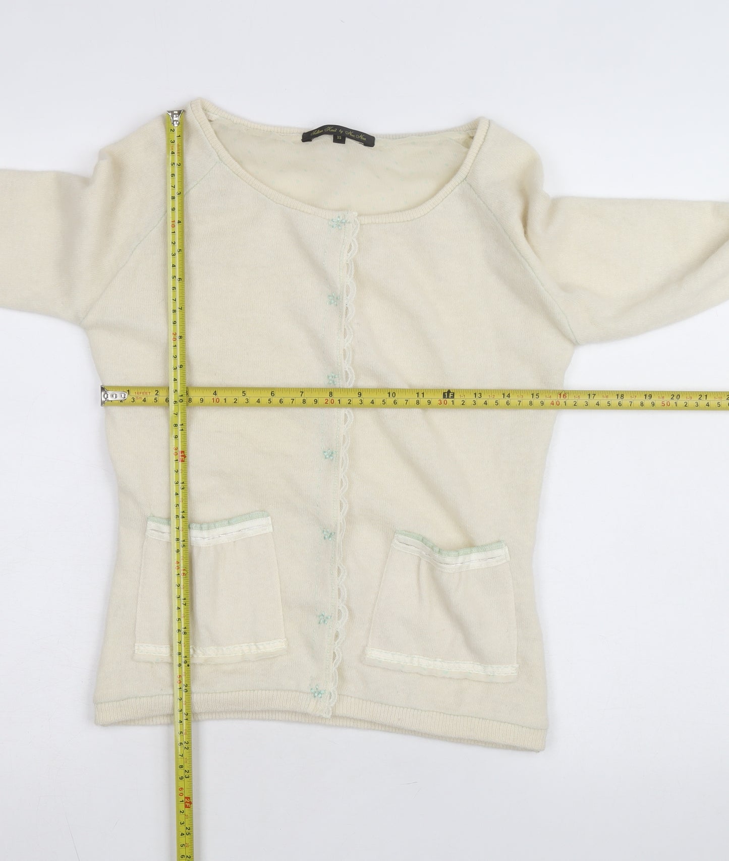 Noa Noa Women Ivory Cotton Knit Cardigan XS Scoop Neck