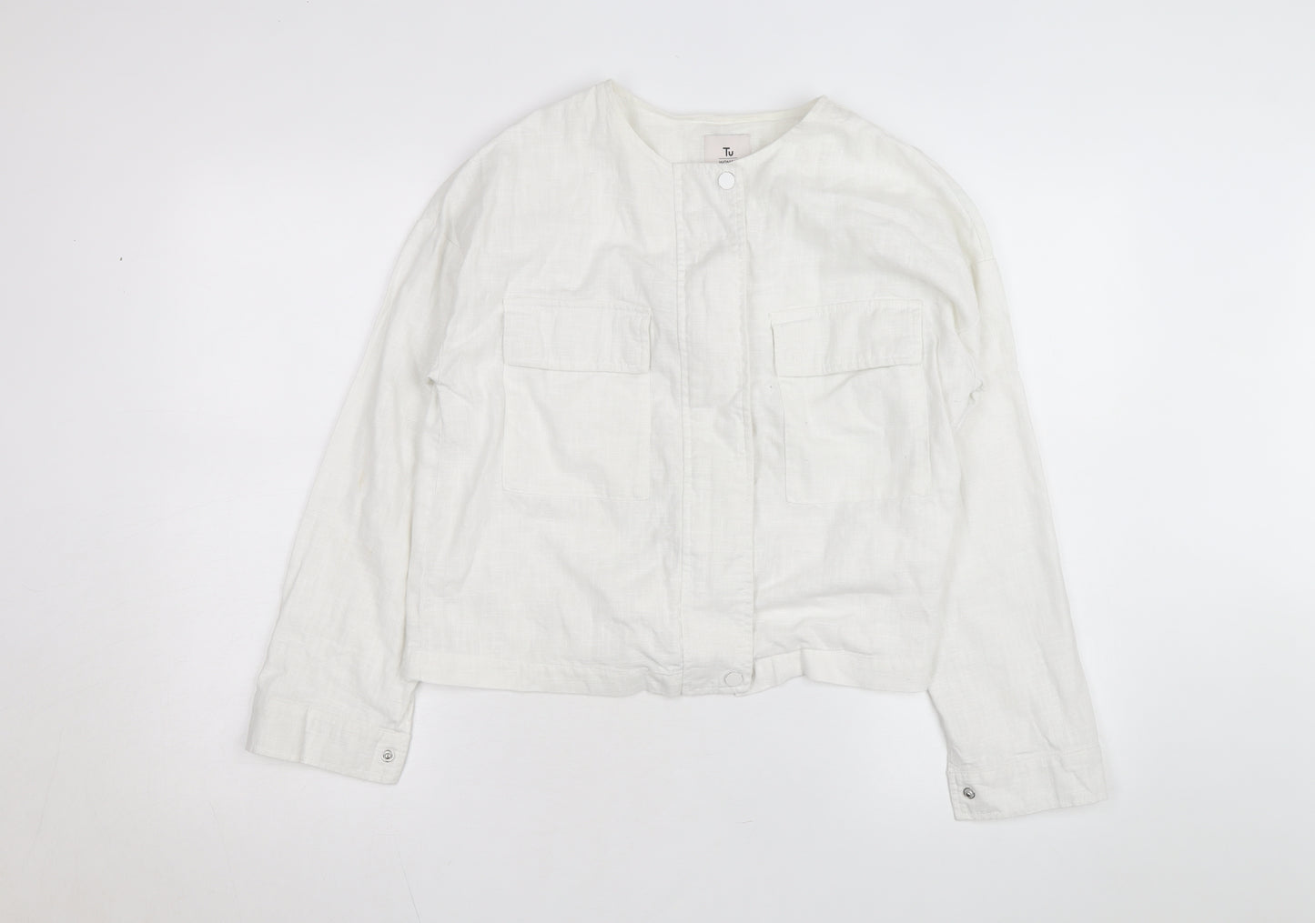 Tu Women White Linen Cotton Long Sleeve Basic Blouse Size 8