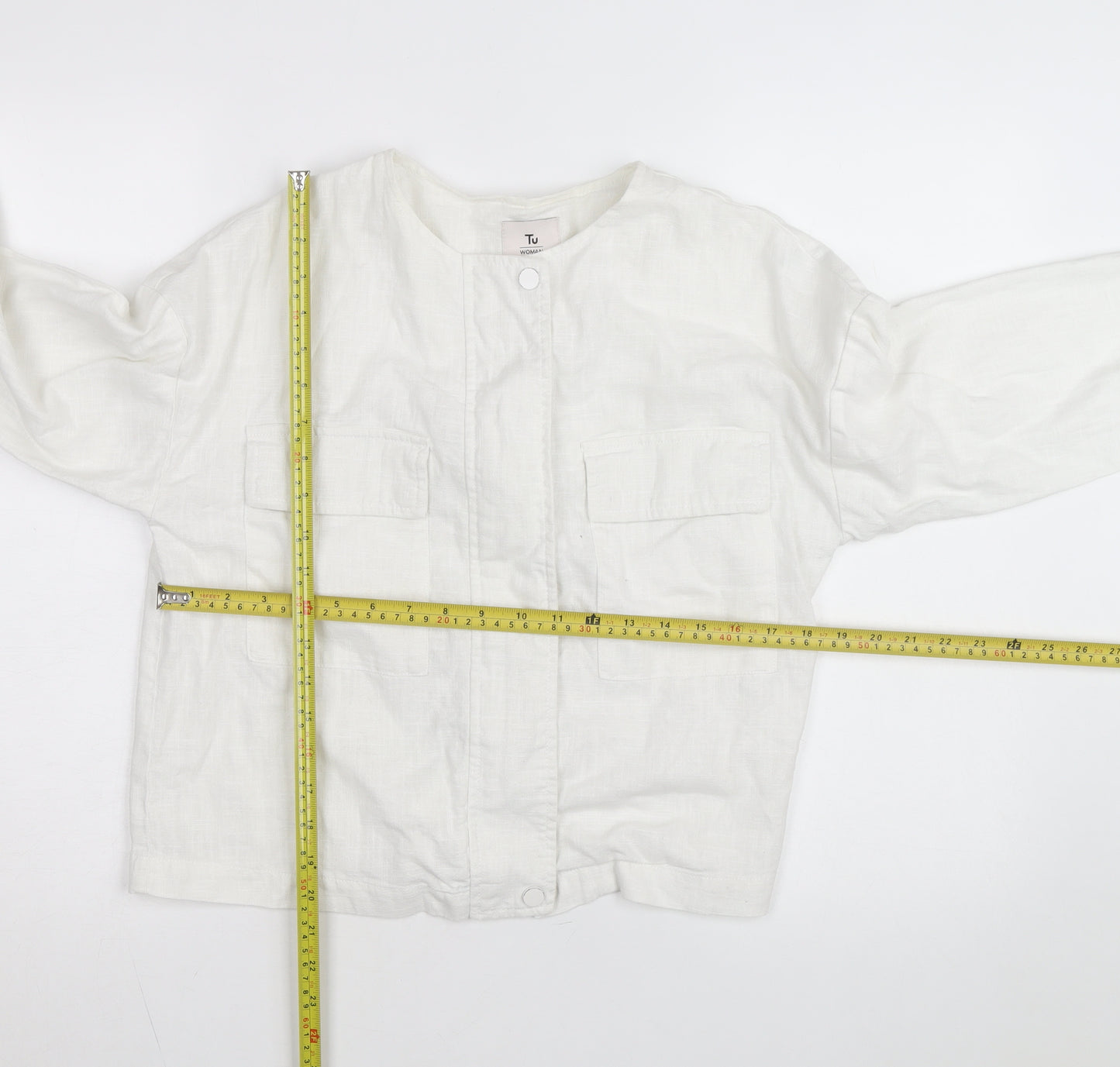 Tu Women White Linen Cotton Long Sleeve Basic Blouse Size 8