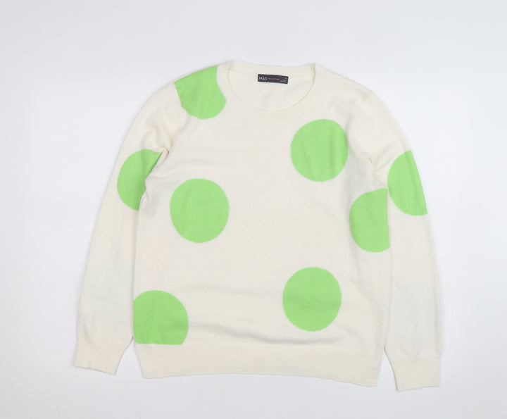 Marks and Spencer Women Ivory Green Polka Dot Cotton Jumper Size 14