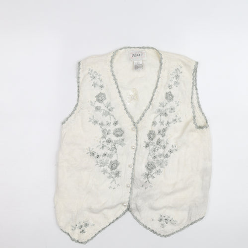 Jenny Womens Ivory Floral Embroidered Knit Vest Size L