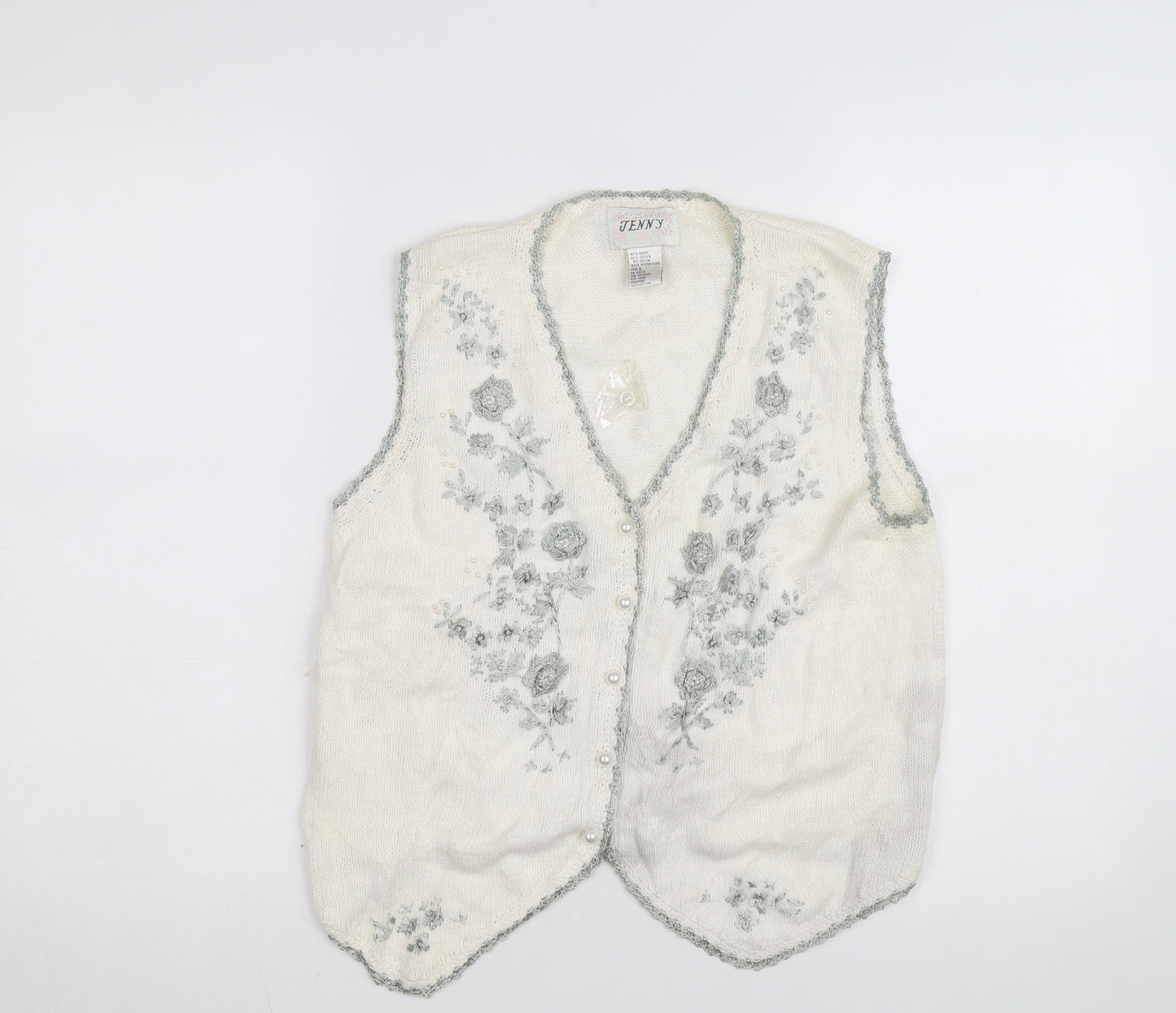 Jenny Womens Ivory Floral Embroidered Knit Vest Size L