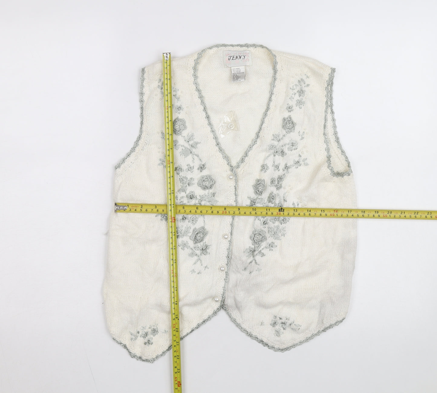 Jenny Womens Ivory Floral Embroidered Knit Vest Size L