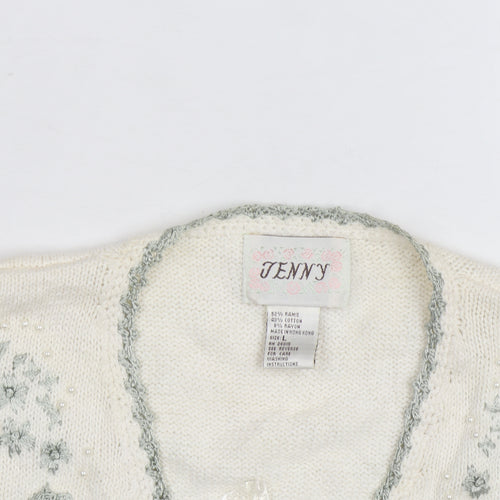 Jenny Womens Ivory Floral Embroidered Knit Vest Size L