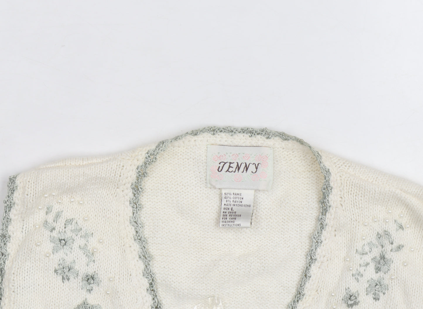Jenny Womens Ivory Floral Embroidered Knit Vest Size L