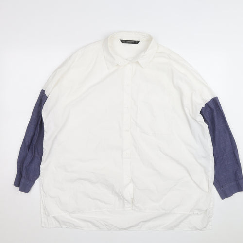 Zara Men White & Blue Colourblock Cotton Long Sleeve Shirt Size M