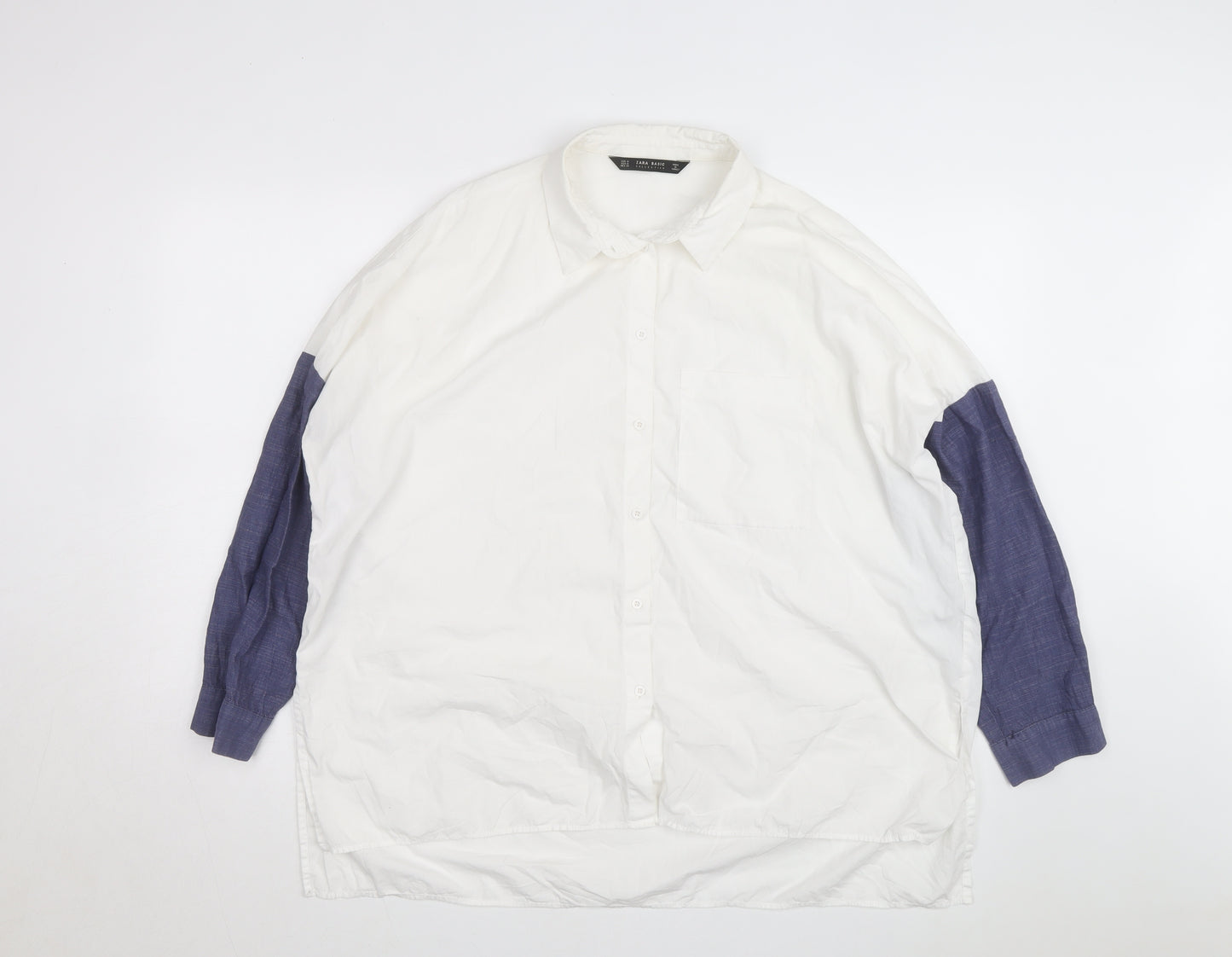 Zara Men White & Blue Colourblock Cotton Long Sleeve Shirt Size M