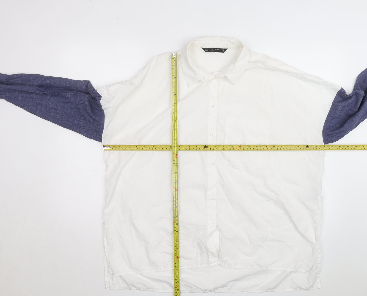 Zara Men White & Blue Colourblock Cotton Long Sleeve Shirt Size M