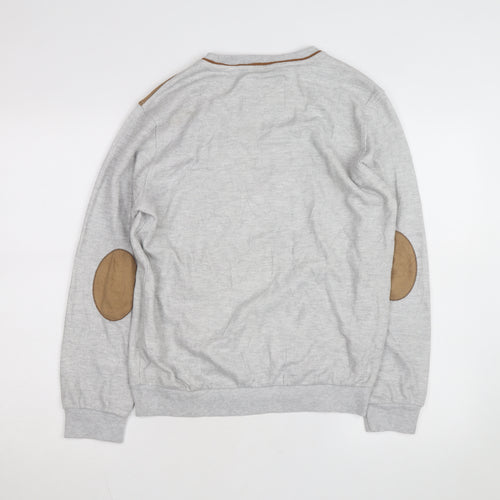 Marcostar Men's Grey Cotton Pullover Jumper L With Elbow Patches