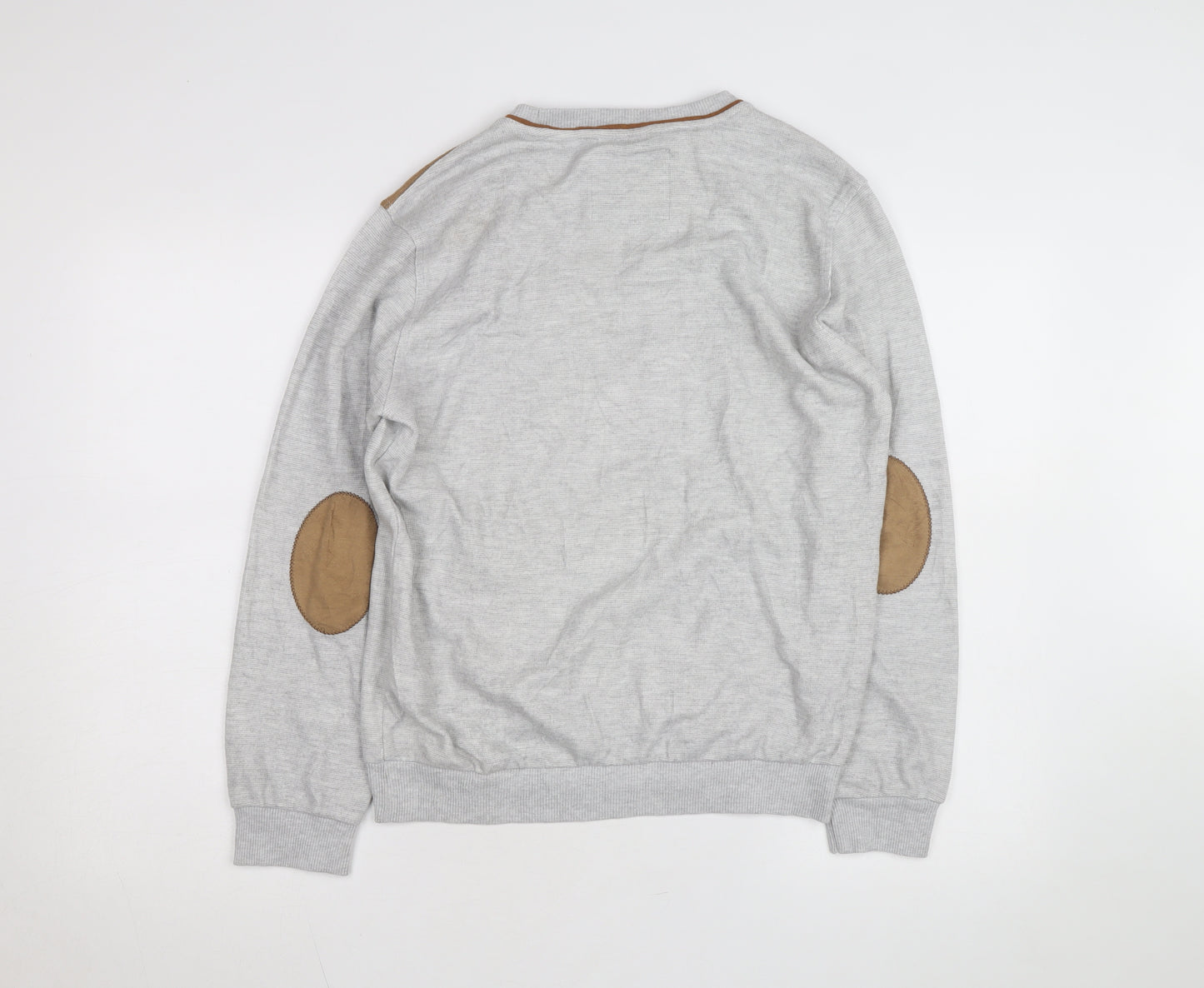 Marcostar Men's Grey Cotton Pullover Jumper L With Elbow Patches