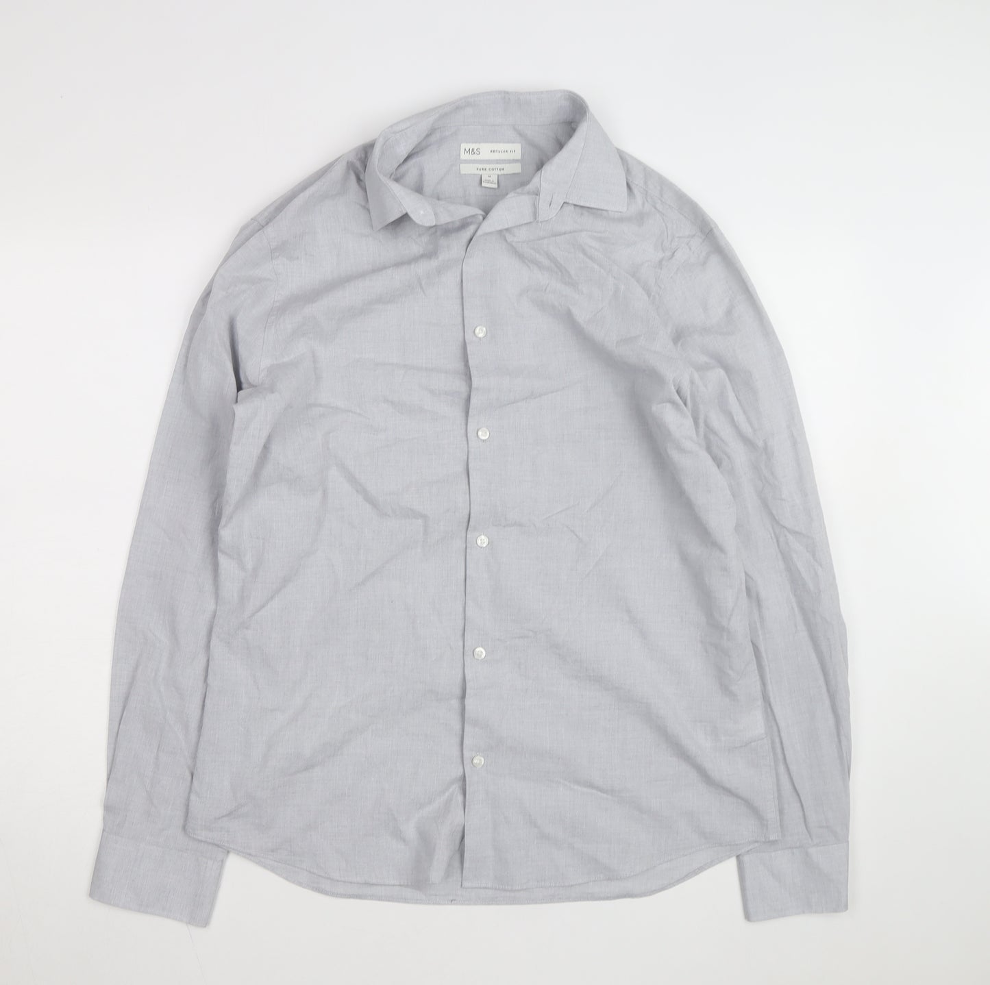 Marks and Spencer Men's Grey Regular Fit Pure Cotton Long Sleeve Shirt M