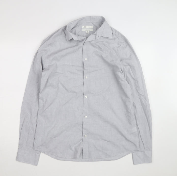 Marks and Spencer Men's Grey Regular Fit Pure Cotton Long Sleeve Shirt M