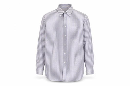 Front view of Greenwoods Men’s Blue Striped Long Sleeve Cotton Button-Up Shirt, size 16.5