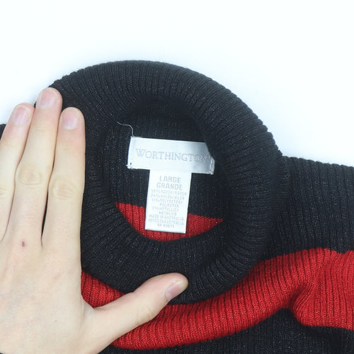 Worthington Womens Black Red Striped Roll Neck Jumper Size L