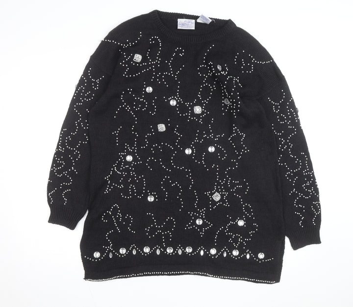 Midnight Blues Womens Black Beaded Rhinestone Knit Jumper M