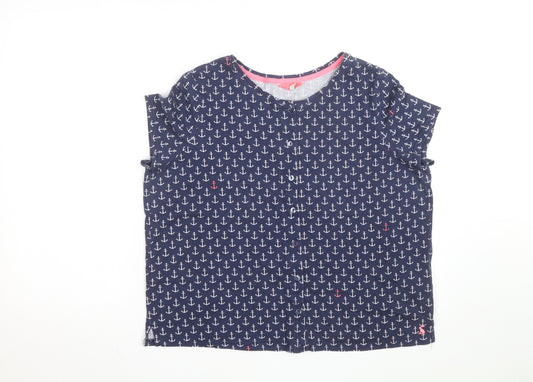 Joules Womens Blue Anchor Print Button-Up Cotton Top UK 16