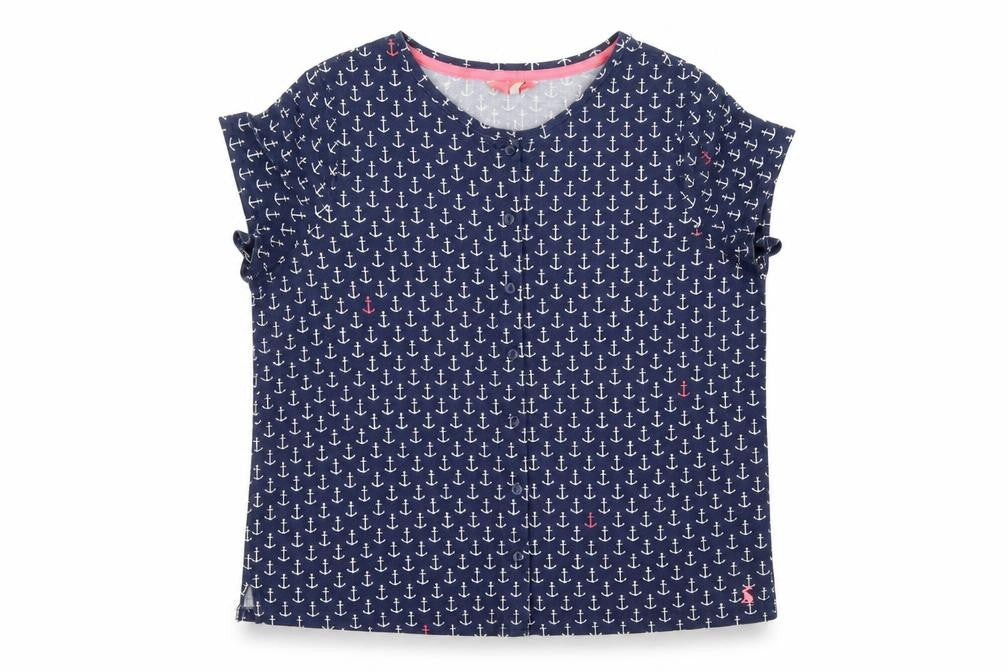 Front view of Joules women’s blue anchor print button-up cotton top uk 16