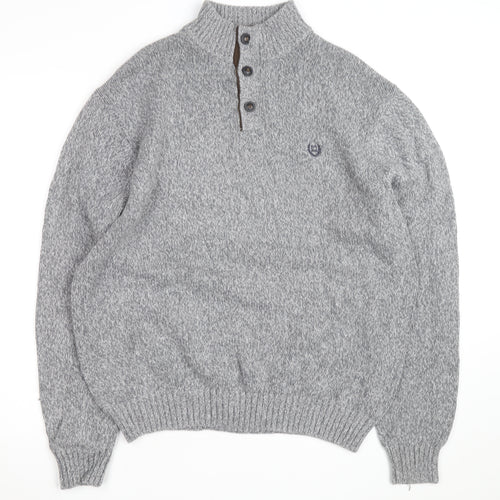 Chaps Men's Grey XL Henley Knit Jumper with Suede Elbow Patches