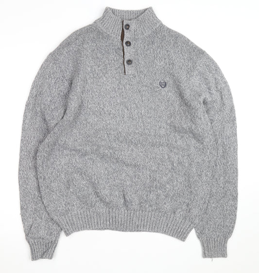 Chaps Men's Grey XL Henley Knit Jumper with Suede Elbow Patches