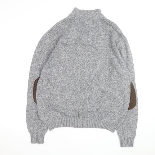 Chaps Men's Grey XL Henley Knit Jumper with Suede Elbow Patches