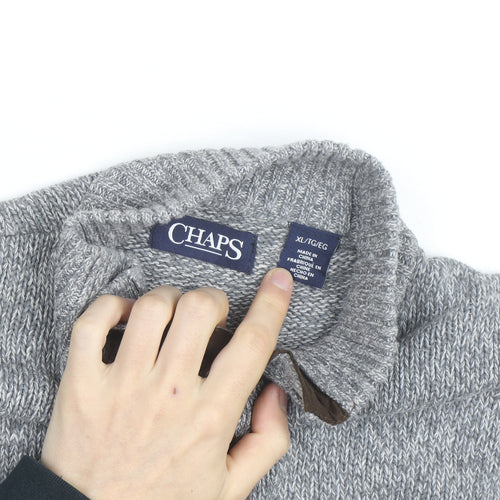 Chaps Men's Grey XL Henley Knit Jumper with Suede Elbow Patches