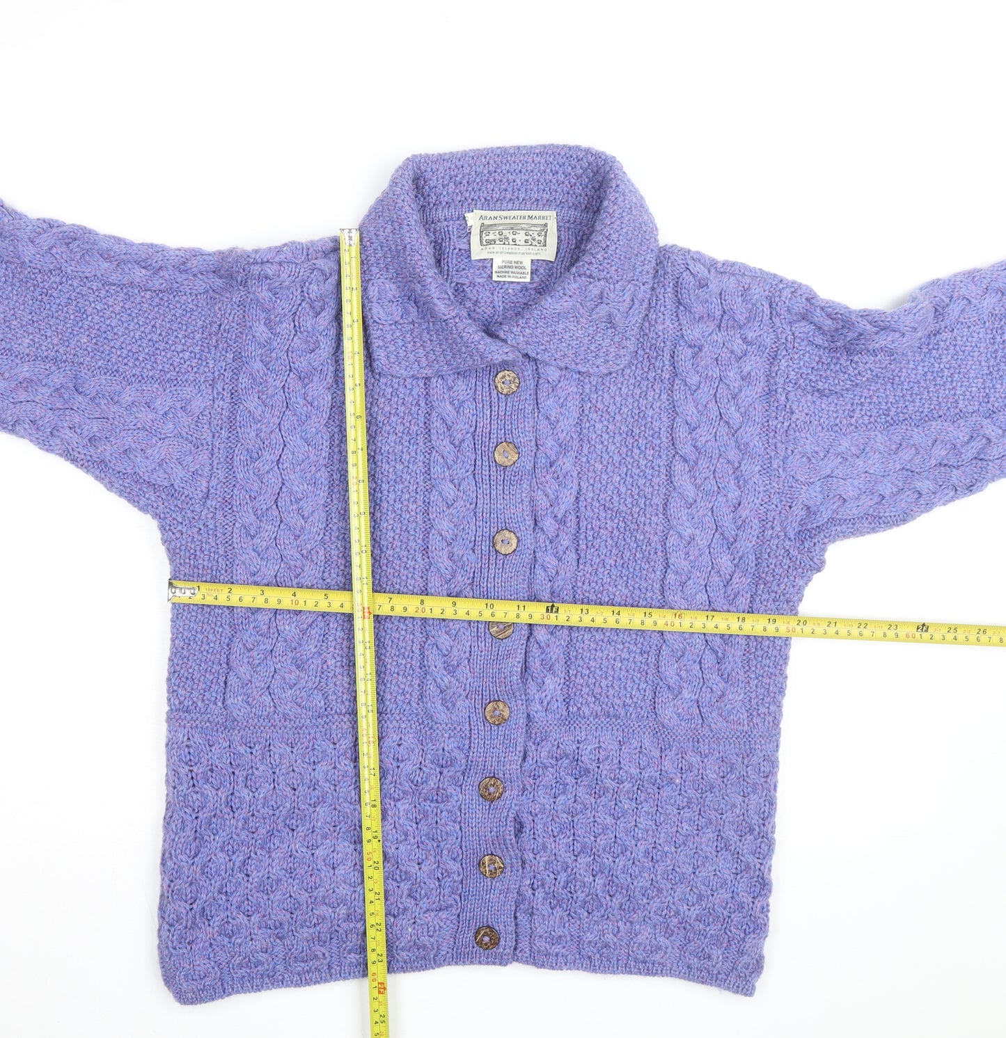 Aran Sweater Market Womens Purple Merino Wool Cable Knit Cardigan S