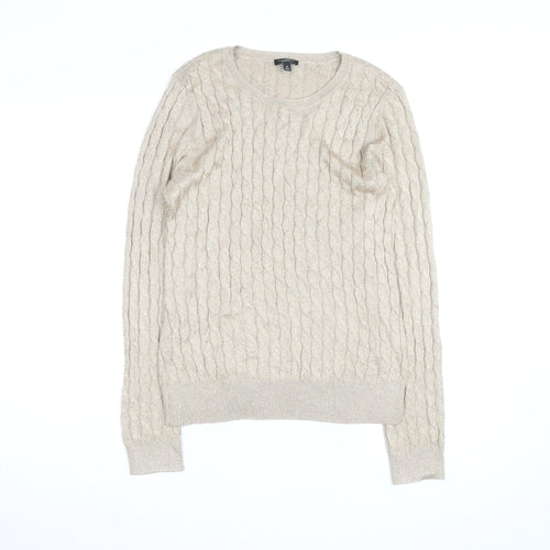 Talbots Women Beige Cable-Knit Crew Neck Jumper Medium