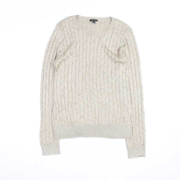 Talbots Women Beige Cable-Knit Crew Neck Jumper Medium