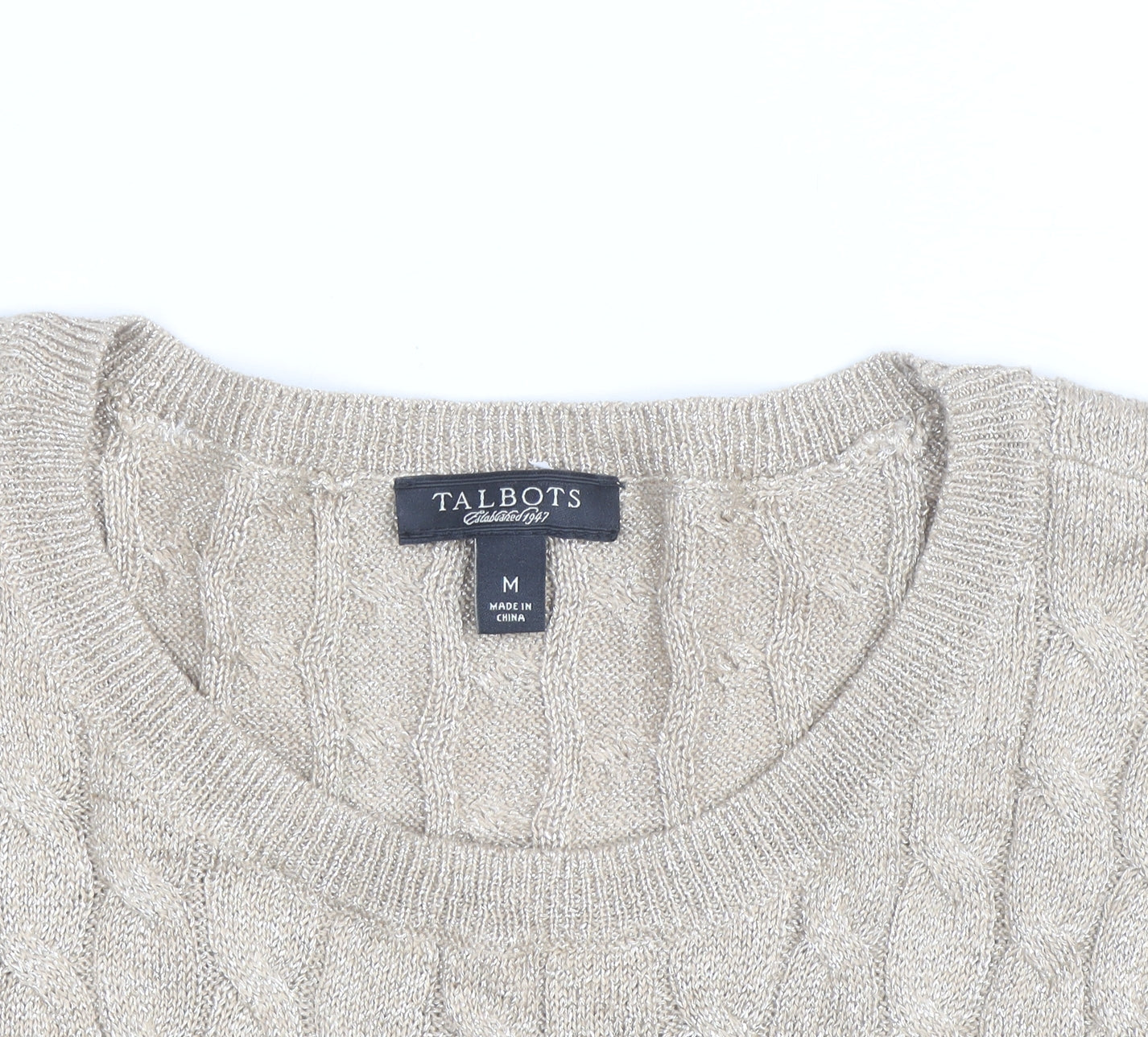 Talbots Women Beige Cable-Knit Crew Neck Jumper Medium