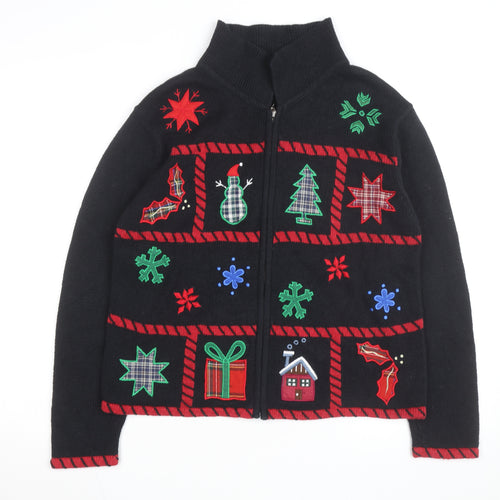 Holiday Lodge Women's Black Christmas Full Zip Jumper Size S