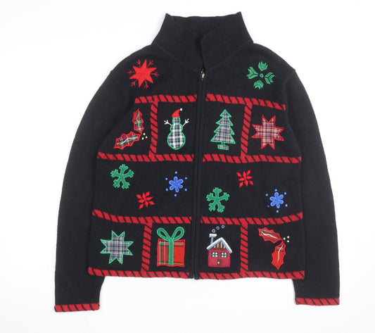Holiday Lodge Women's Black Christmas Full Zip Jumper Size S