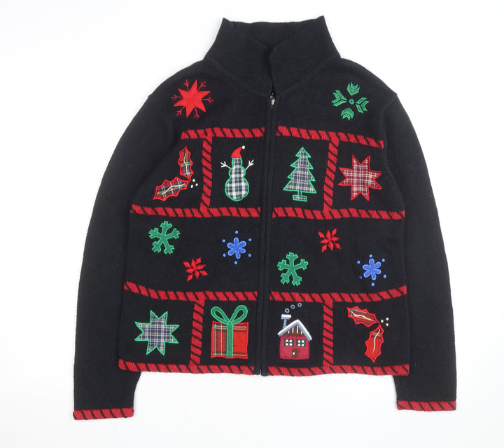 Holiday Lodge Women's Black Christmas Full Zip Jumper Size S