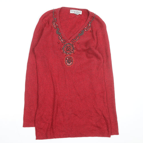 Lauren Michelle Women's Red Beaded V-Neck Knit Jumper Size L