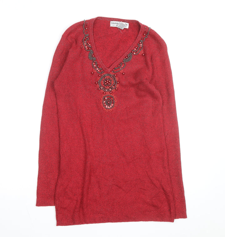 Lauren Michelle Women's Red Beaded V-Neck Knit Jumper Size L