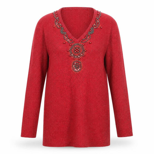 Lauren Michelle Women's Red Beaded V-Neck Knit Jumper Size L