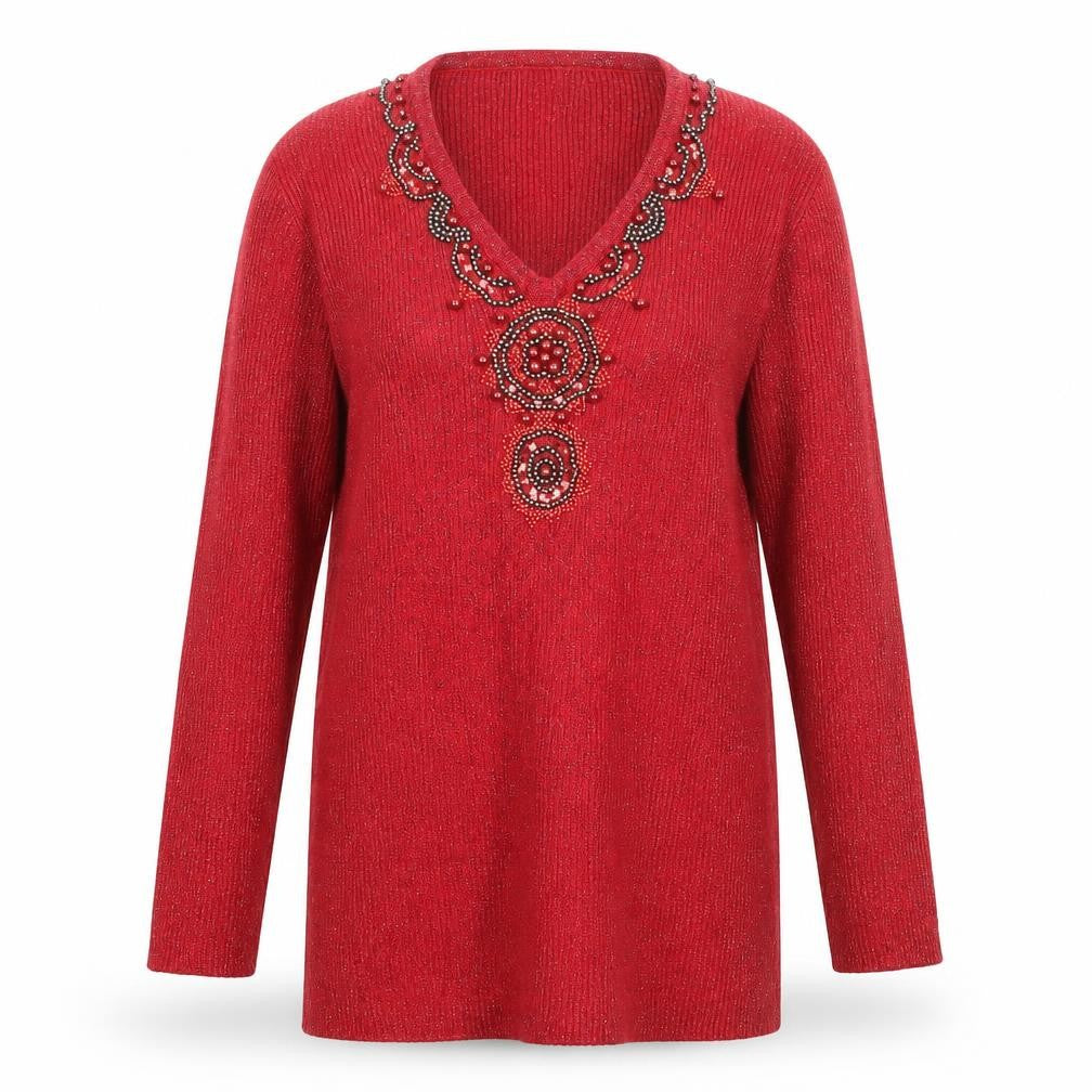 Lauren Michelle Women's Red Beaded V-Neck Knit Jumper Size L