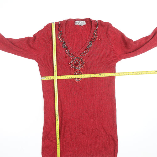 Lauren Michelle Women's Red Beaded V-Neck Knit Jumper Size L