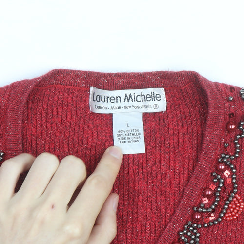 Lauren Michelle Women's Red Beaded V-Neck Knit Jumper Size L
