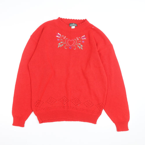 Cabin Creek Womens Red Embroidered Cotton Pullover Jumper M