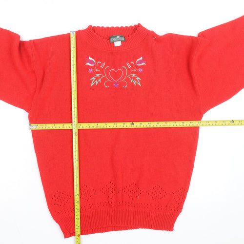 Cabin Creek Womens Red Embroidered Cotton Pullover Jumper M