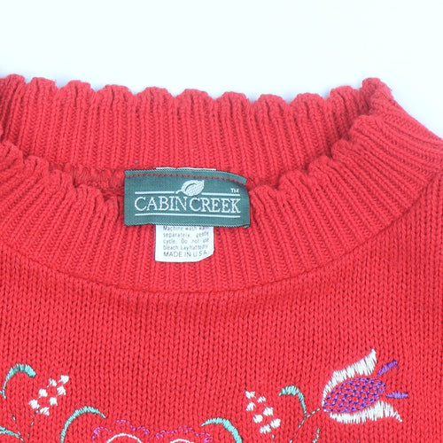 Cabin Creek Womens Red Embroidered Cotton Pullover Jumper M